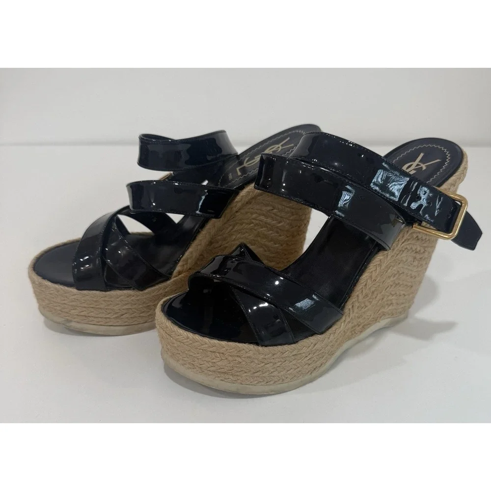 Yves Saint Laurent Espadrille Wedge Sandals Shoes Dark Blue Leather Size 37.5